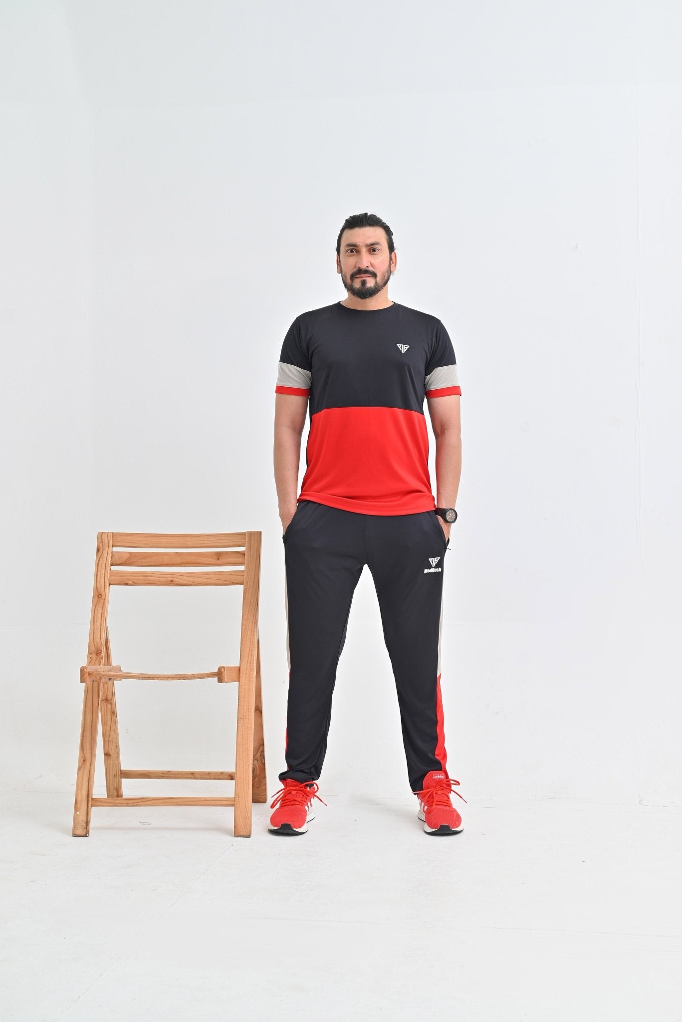 Men's Dynamic Color Block Athletic T-Shirt & Track Suit in Black, Red, and Grey - Mod Rush