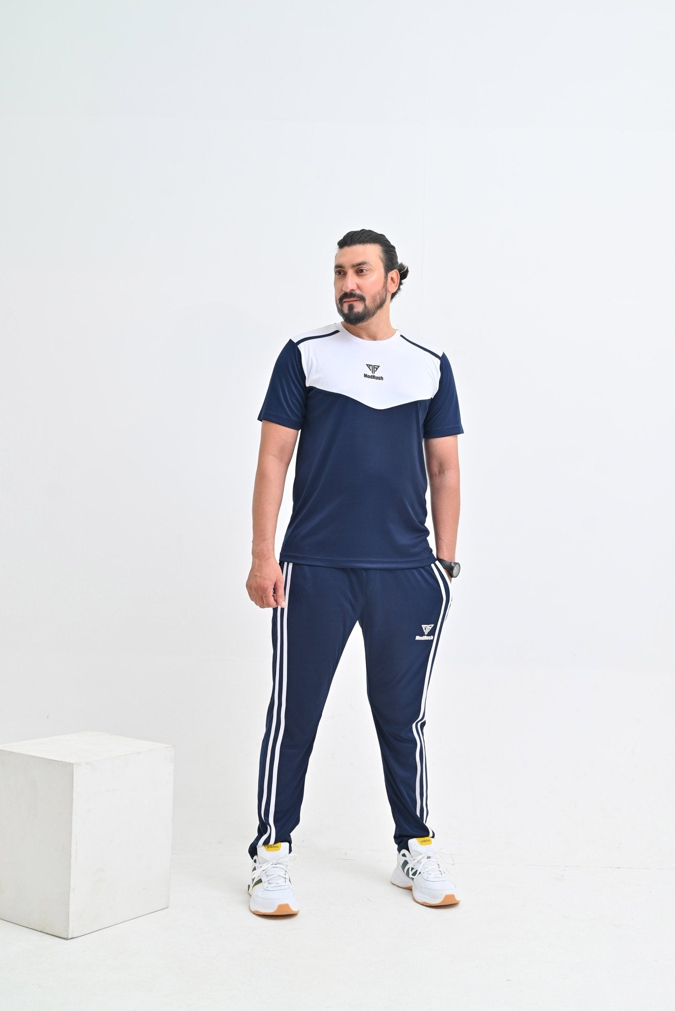 Men's Navy & White Color Block Athletic T-Shirt and Tracksuit Bottoms Set - Mod Rush