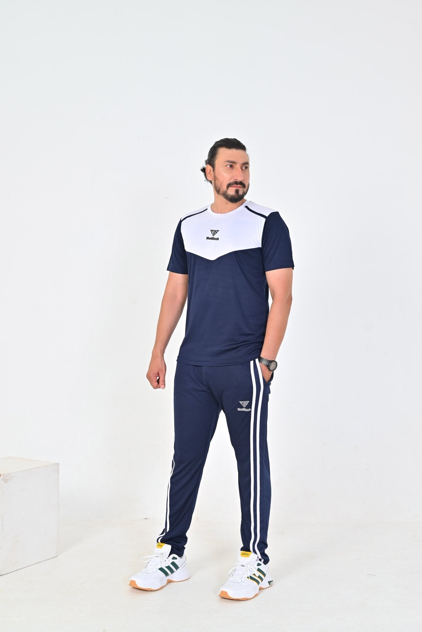 Men's Navy & White Color Block Athletic T-Shirt and Tracksuit Bottoms Set - Mod Rush