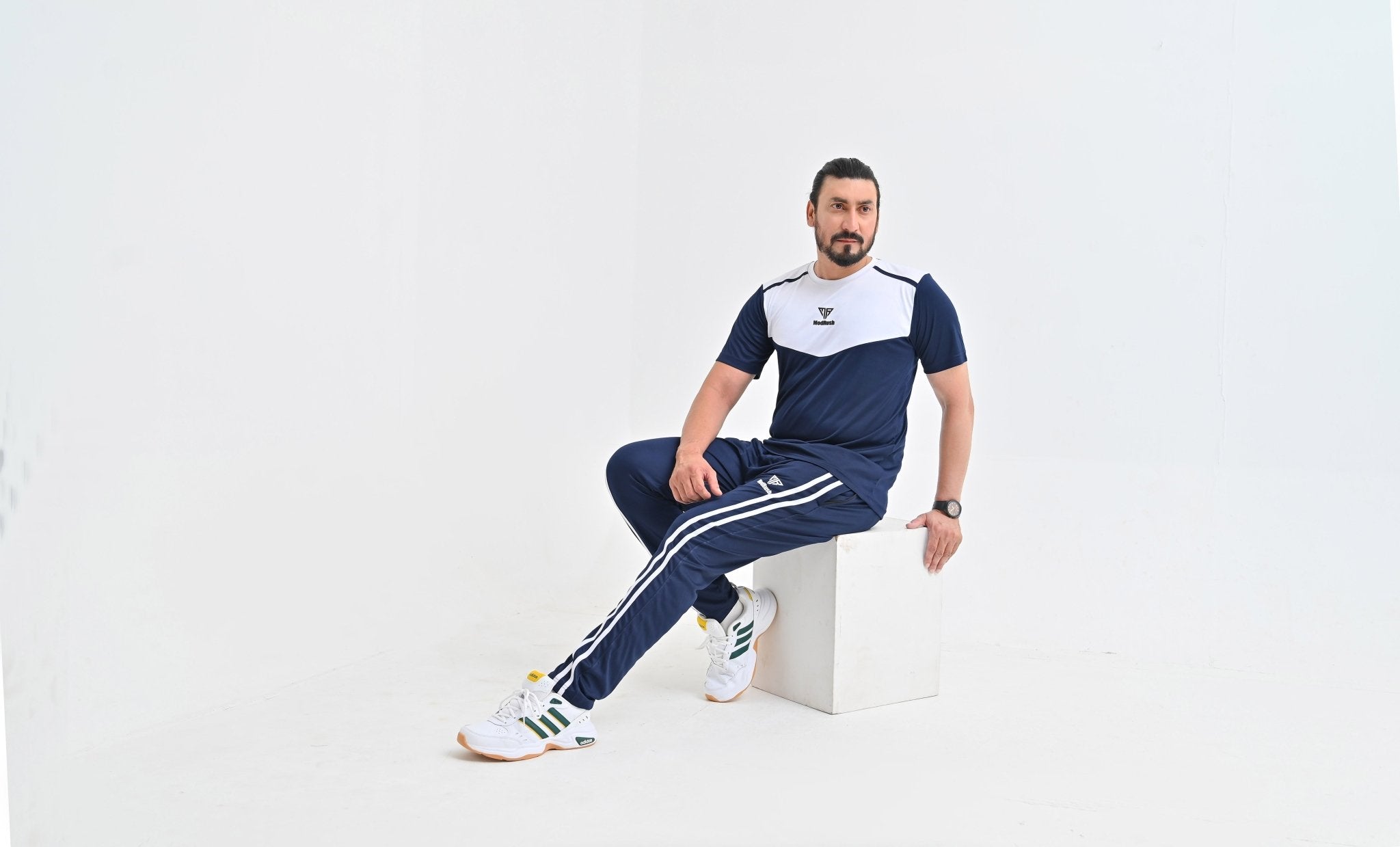 Men's Navy & White Color Block Athletic T-Shirt and Tracksuit Bottoms Set - Mod Rush