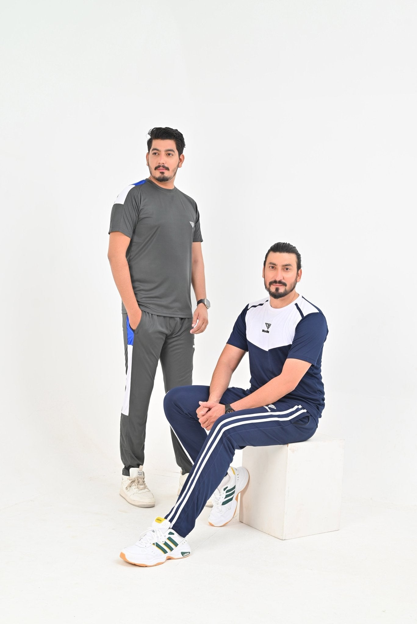 Men's Navy & White Color Block Athletic T-Shirt and Tracksuit Bottoms Set - Mod Rush