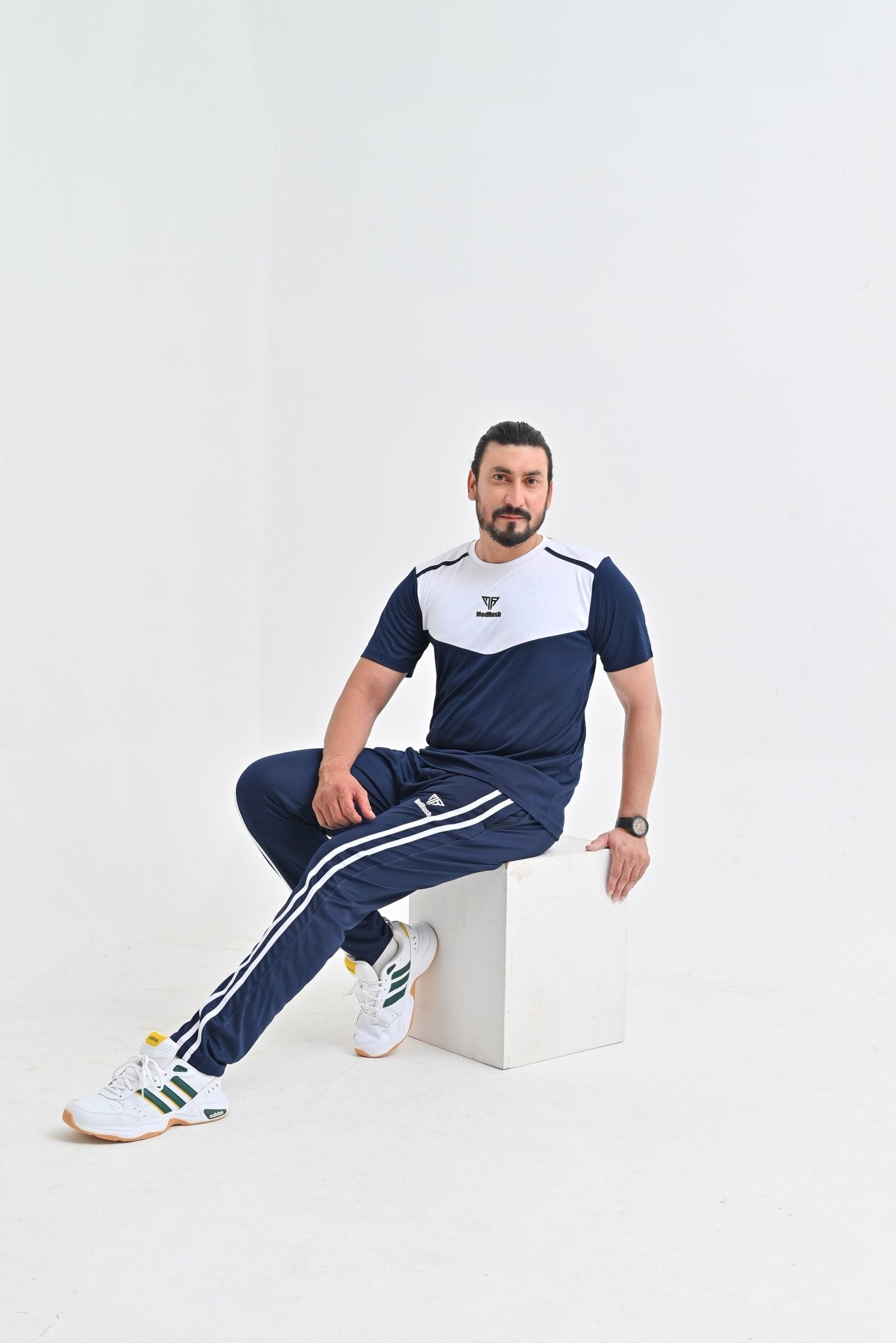 Men's Navy & White Color Block Athletic T-Shirt and Tracksuit Bottoms Set - Mod Rush