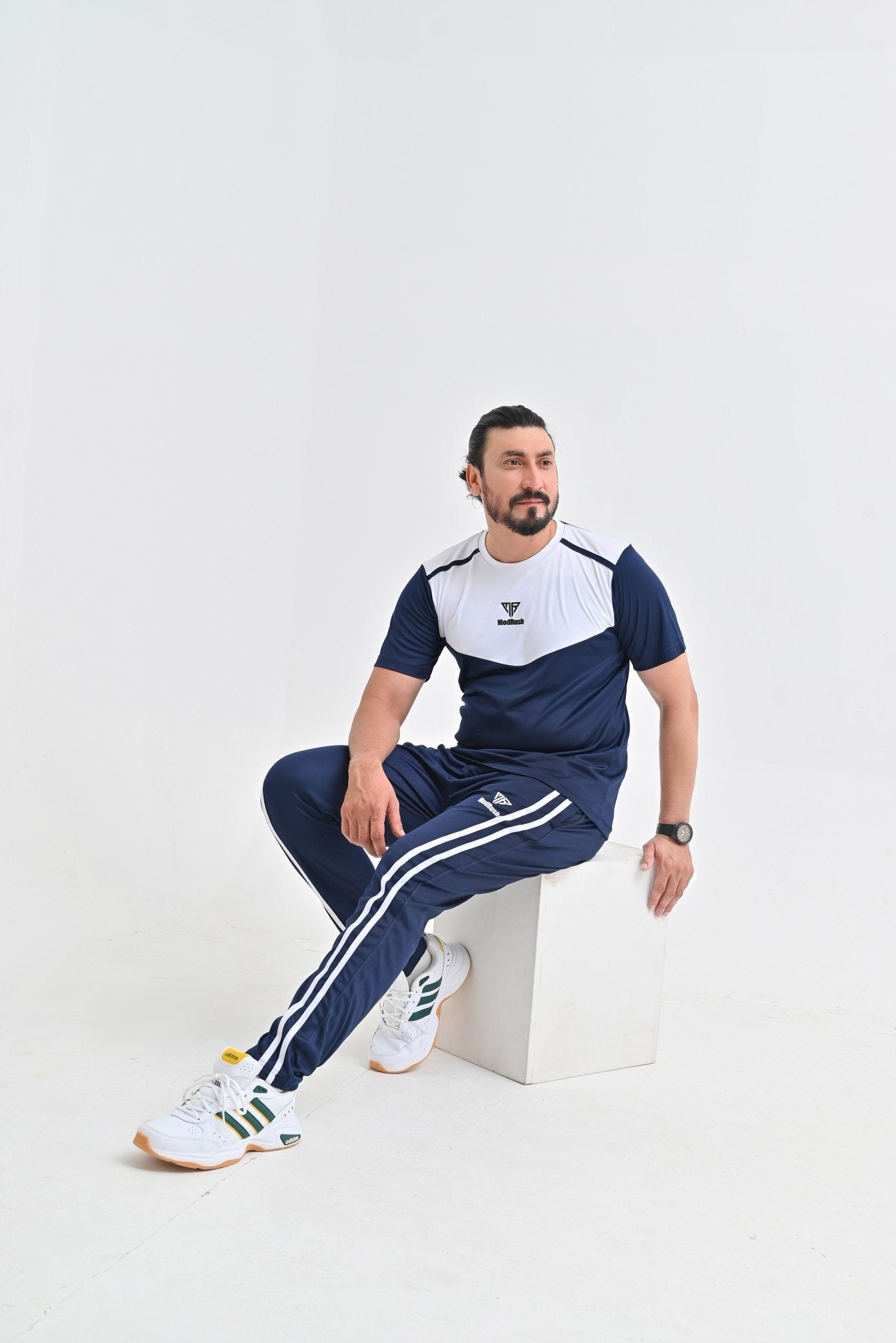 Men's Navy & White Color Block Athletic T-Shirt and Tracksuit Bottoms Set - Mod Rush