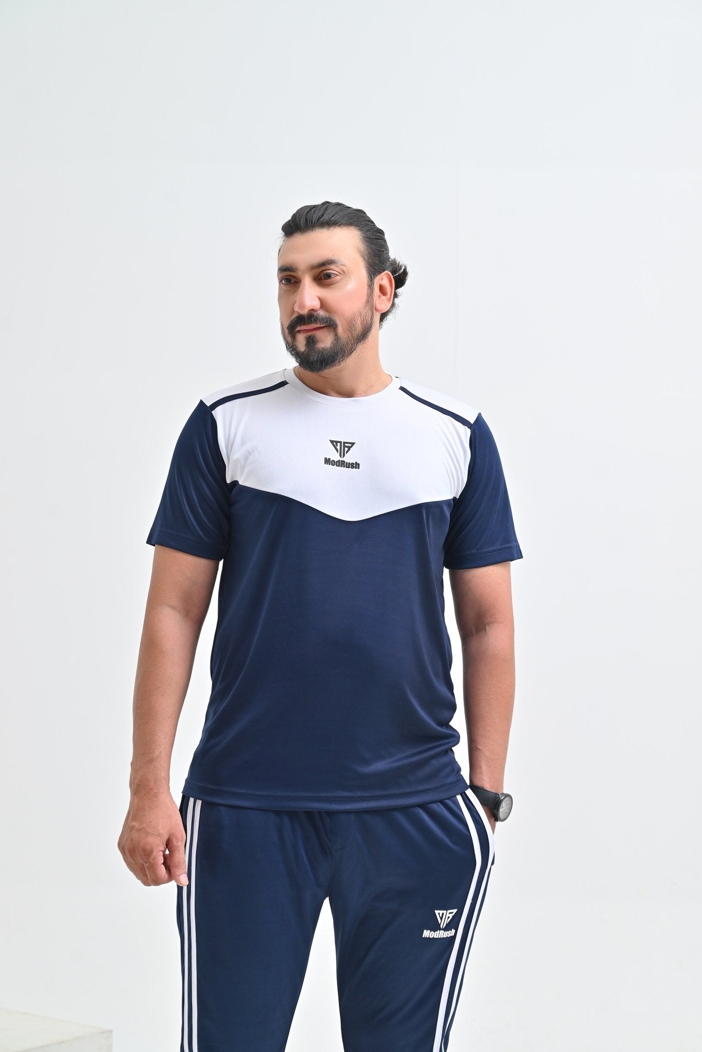 Men's Navy & White Color Block Athletic T-Shirt and Tracksuit Bottoms Set - Mod Rush